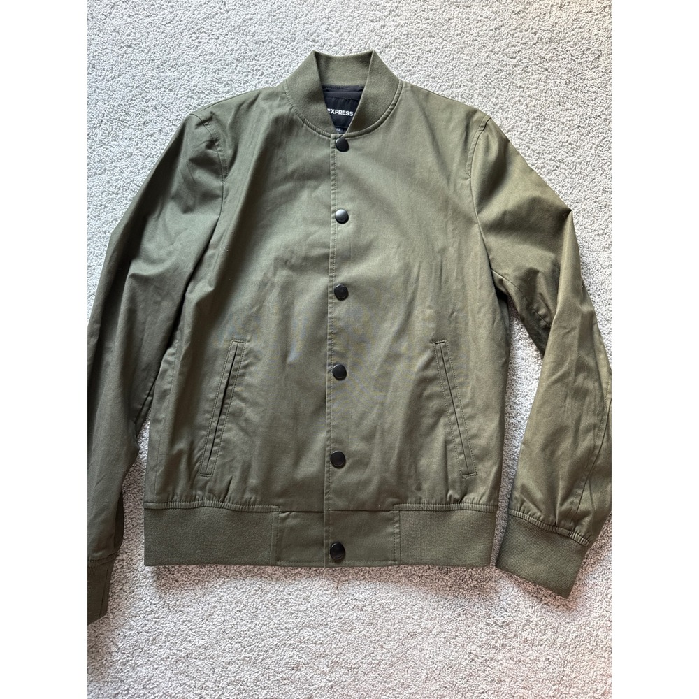 Express Mens Olive Green Snap Front Bomber Jacket Ribbed Trim Size XS
